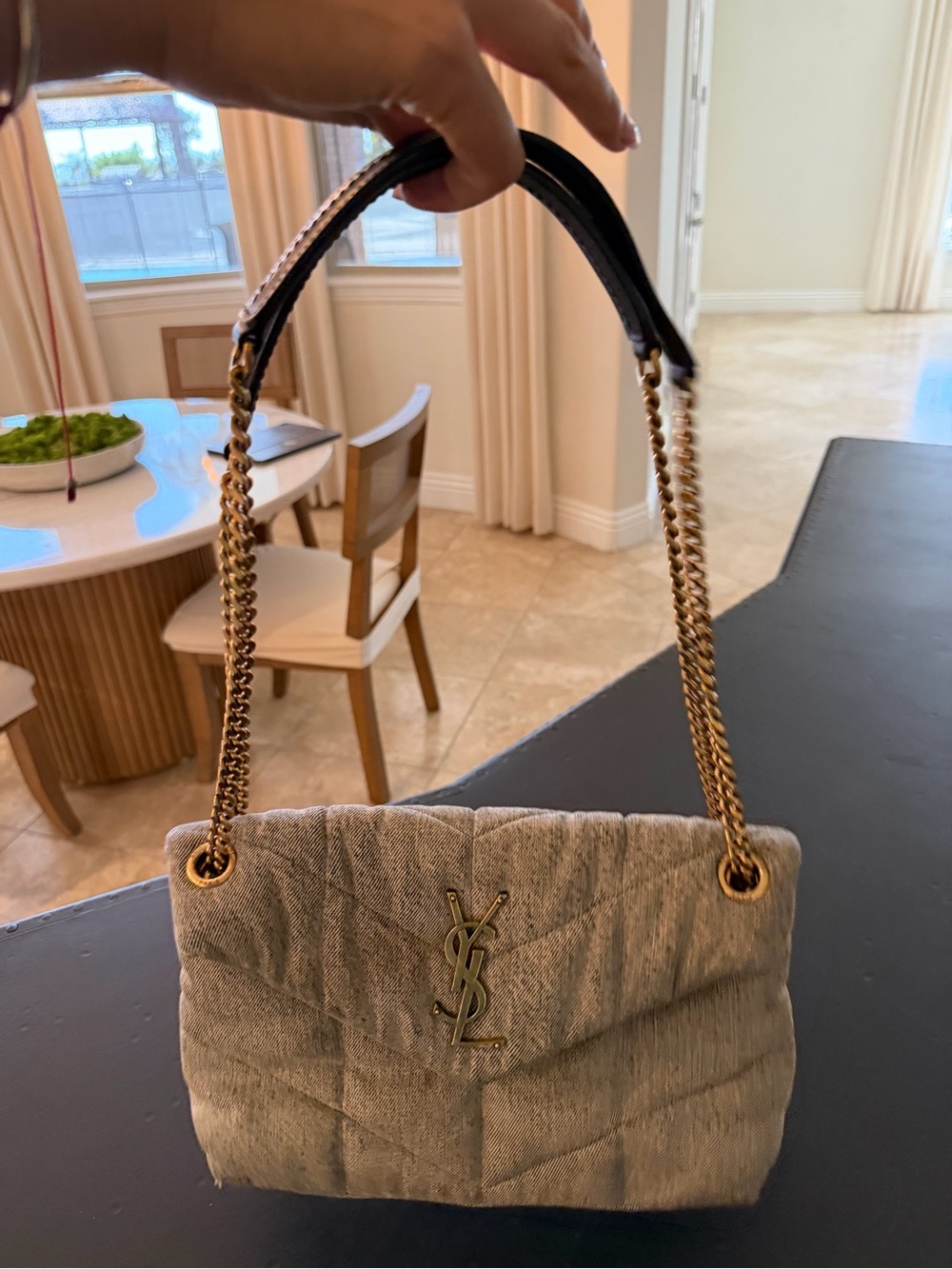 Saint Laurent Quilted Denim Shoulder Bag with Gold YSL Hardware - Picture 6 of 10